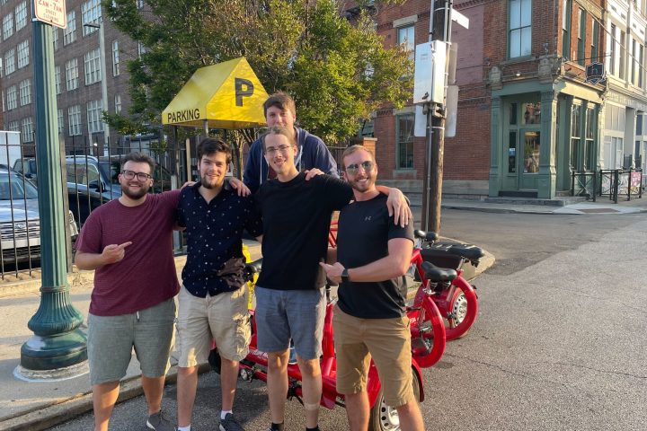 a group of people that are standing in the street