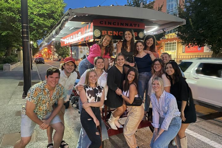 a group of people standing in front of a crowd