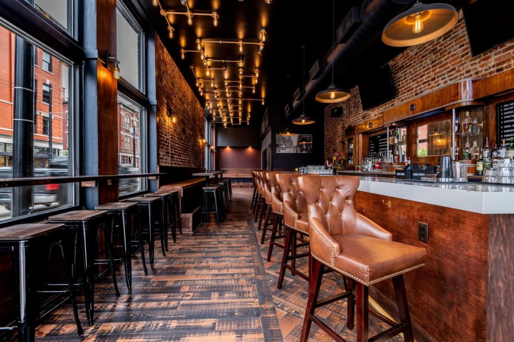 a dining room table in front of a building