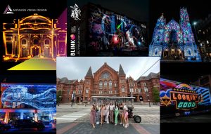 a group of people performing on stage in front of a store