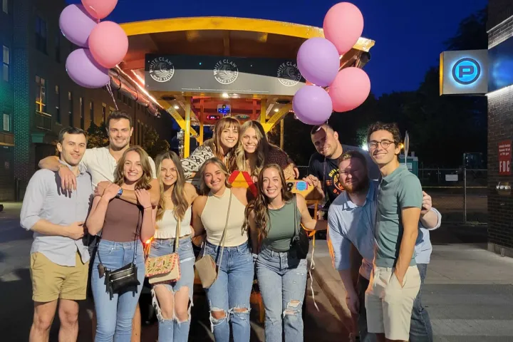 a couple of people that are standing in the street