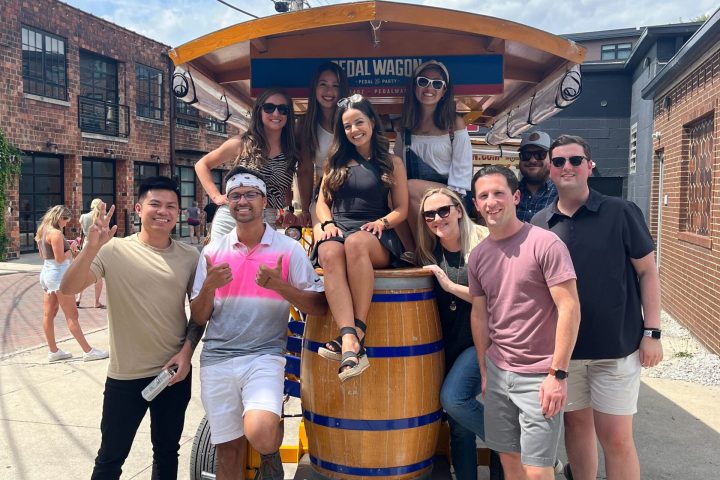 a group of people standing in front of a building