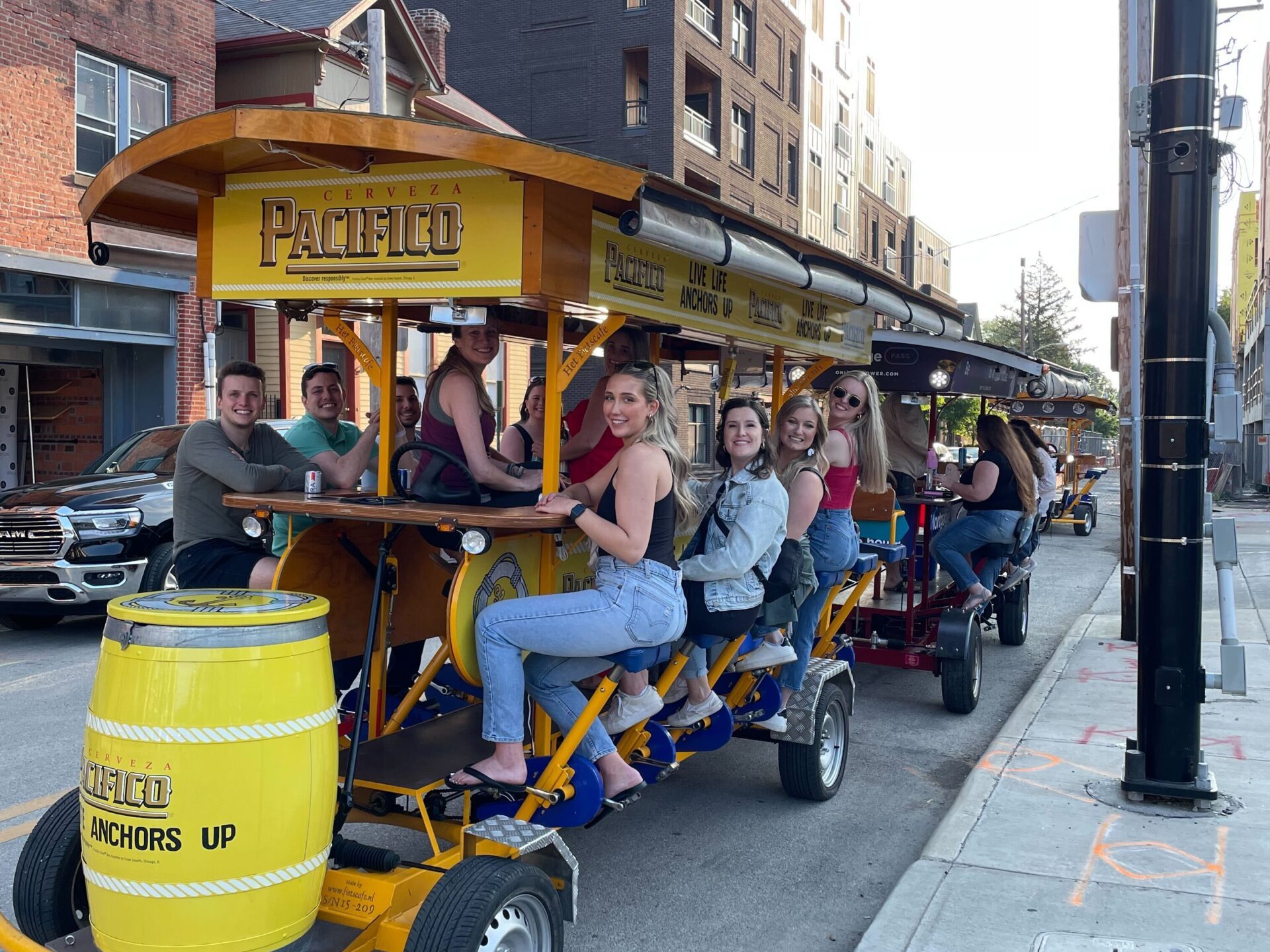 a group of people on a city street
