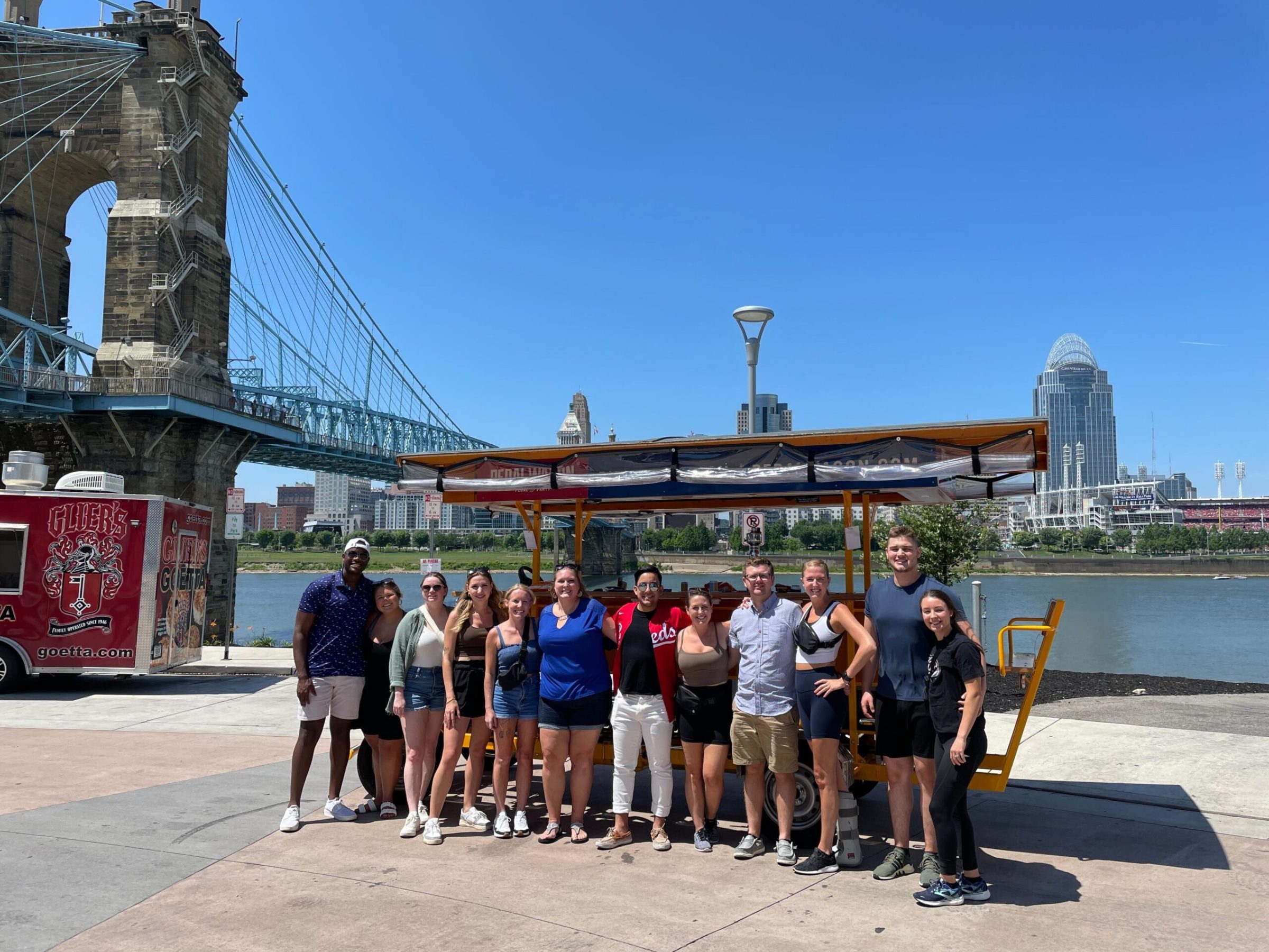 a group of people standing in front of a building