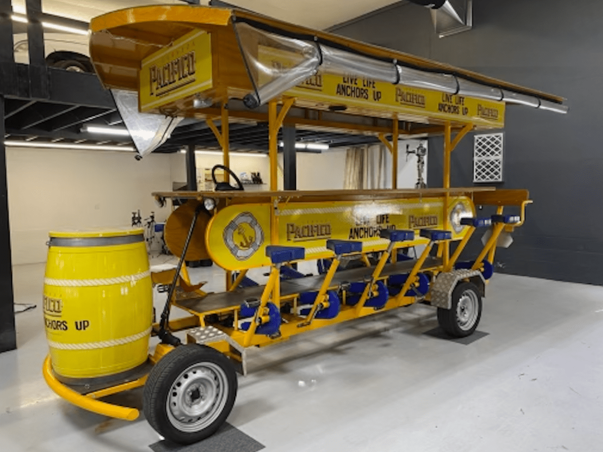 a truck is parked in front of a building